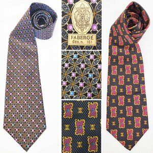 Faberge Mens Set of 2 Silk Neck Tie Ties Pearl Filigree Print Pink Black Blue